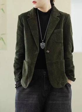 清仓特价~2025年复古墨绿色棉灯芯绒西服外套女士修身短款小西装