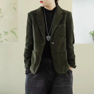 小西装 短款 2025年复古墨绿色棉灯芯绒西服外套女士修身 清仓特价