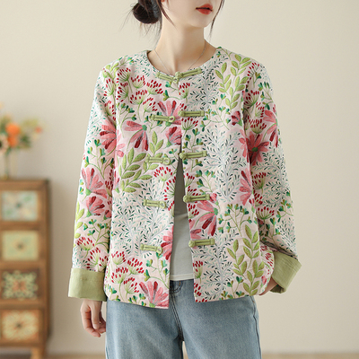 满绣花提花小褂碎花衬衫休闲宽松中式民族对襟上衣短外套女~现货
