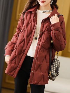 清仓捡漏~保暖宽松轻薄衬衫领羽绒棉服女秋冬季气质红色夹棉外套