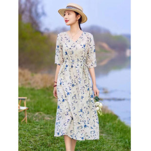 清仓折扣 高端苎麻连衣裙女式 夏季 新款 胖MM洋气减龄棉麻碎花裙子