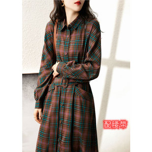 中年女士格纹衬衫裙秋季系带收腰身中长款翻领A字连衣裙~活动