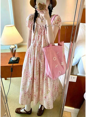 少女粉碎花可抽绳系带连衣裙