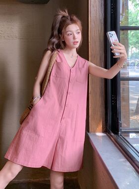粉红色V领无袖连体裤女夏季2026小清新宽松阔腿显瘦棉麻休闲短裤