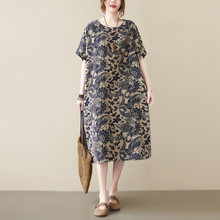 清仓撤柜 遮肉中长裙女夏 大码 宽松显瘦棉麻连衣裙胖妈妈复古短袖