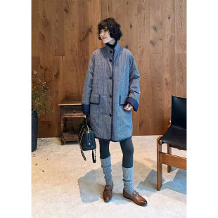 蓝格复古格子棉衣外套女加大码秋冬加厚宽松中长款棉服~折扣