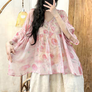 大码女式2026新款夏装雪纺印花V领喇叭袖上衣减龄娃娃衫~特卖