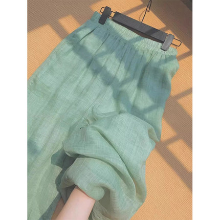薄荷绿细纱苎麻阔腿裤女双层休闲裤裙高腰垂感夏季薄款棉麻喇叭裤