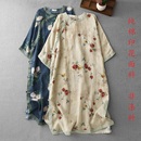 棉麻印花圆领旗袍裙妈妈裙子中长款 盘扣七分袖 连衣裙女 清仓特价