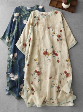 棉麻印花圆领旗袍裙妈妈裙子