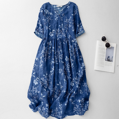 夏季新款棉麻五分袖连衣裙女士