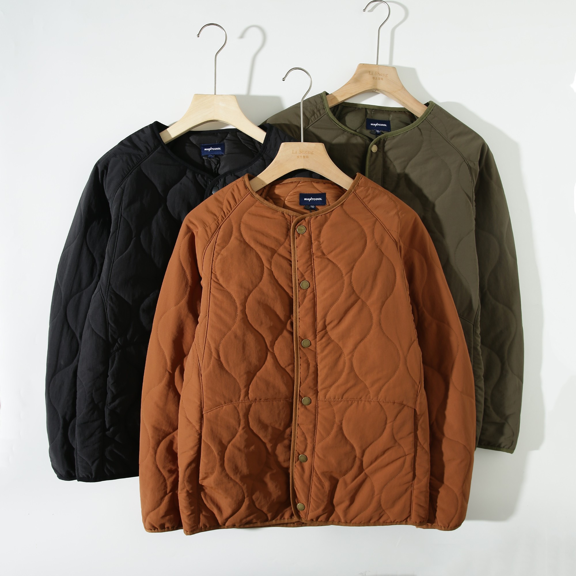 日系新款男士棉服外套无领棉衣葫芦格绗缝保暖外套潮明星同款