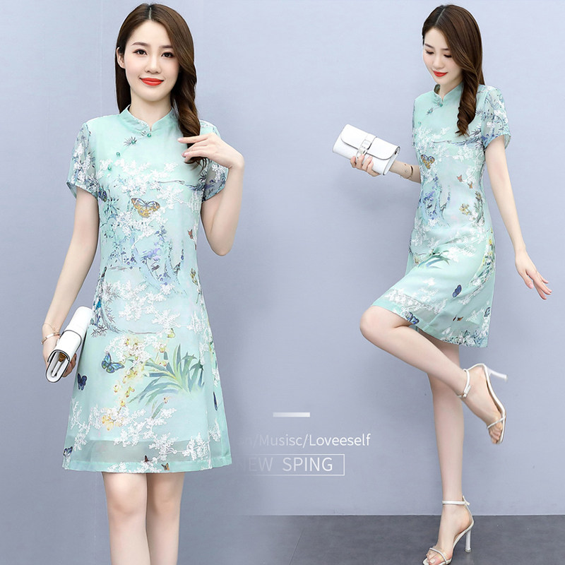 深依度2023夏装新款女装时尚优雅复古短袖旗袍连衣裙  81516 FK-W