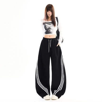美式运动休闲裤女2026年春季新款直筒宽松卫裤高腰显瘦弯刀阔腿裤