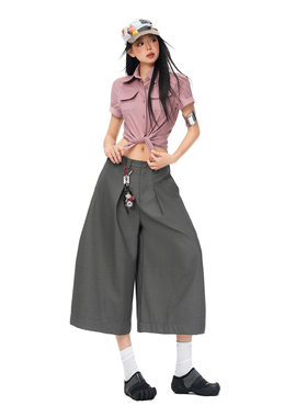 褶皱七分阔腿西装裤女2026年夏季新款直筒宽松高腰慵懒显瘦休闲裤
