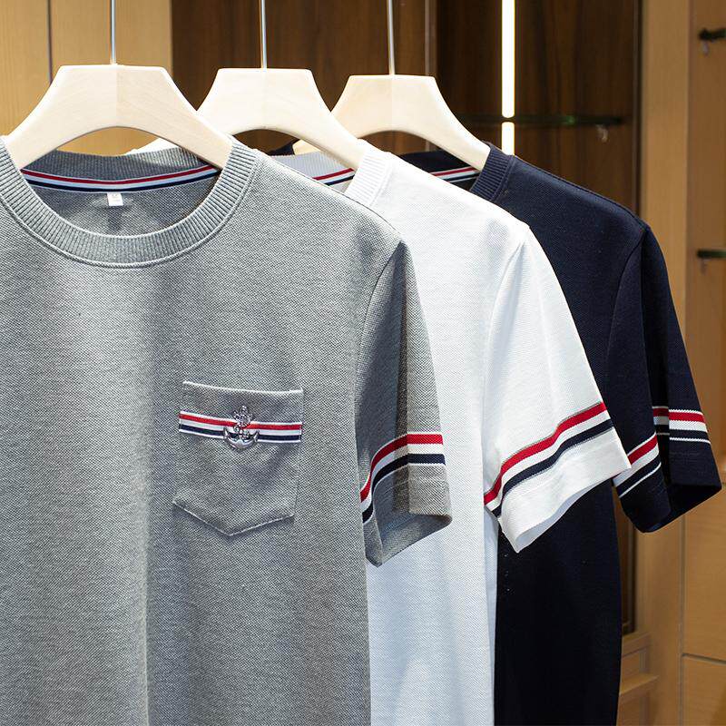 专柜轻奢夏季薄款爽肤透气纯棉短袖修身时尚撞色圆领T恤男士上衣