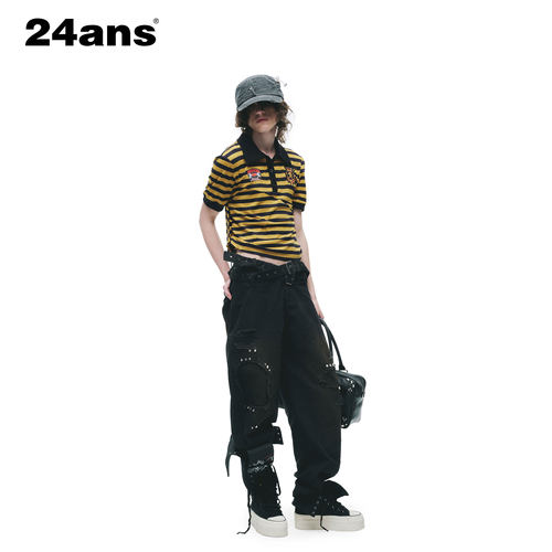 24ANS LTD 朋克grunge短袖⑴定制绣标⑵抽绳调维度⑶拼接面料设计