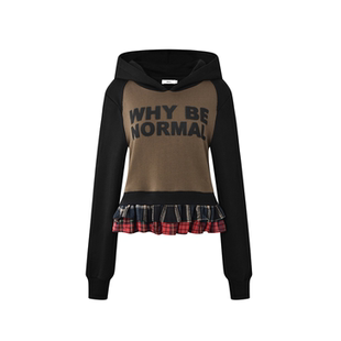 连帽早春款 撞色短款 女卫衣格纹拼接花边裙摆 remake 24ans