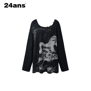 24ANS LTD 【新年限定】斜肩 一字肩两穿做脏针织衫