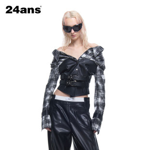 女衬衫 修身 上衣 格子面料拼接两穿一字肩小众高腰短款 24ans