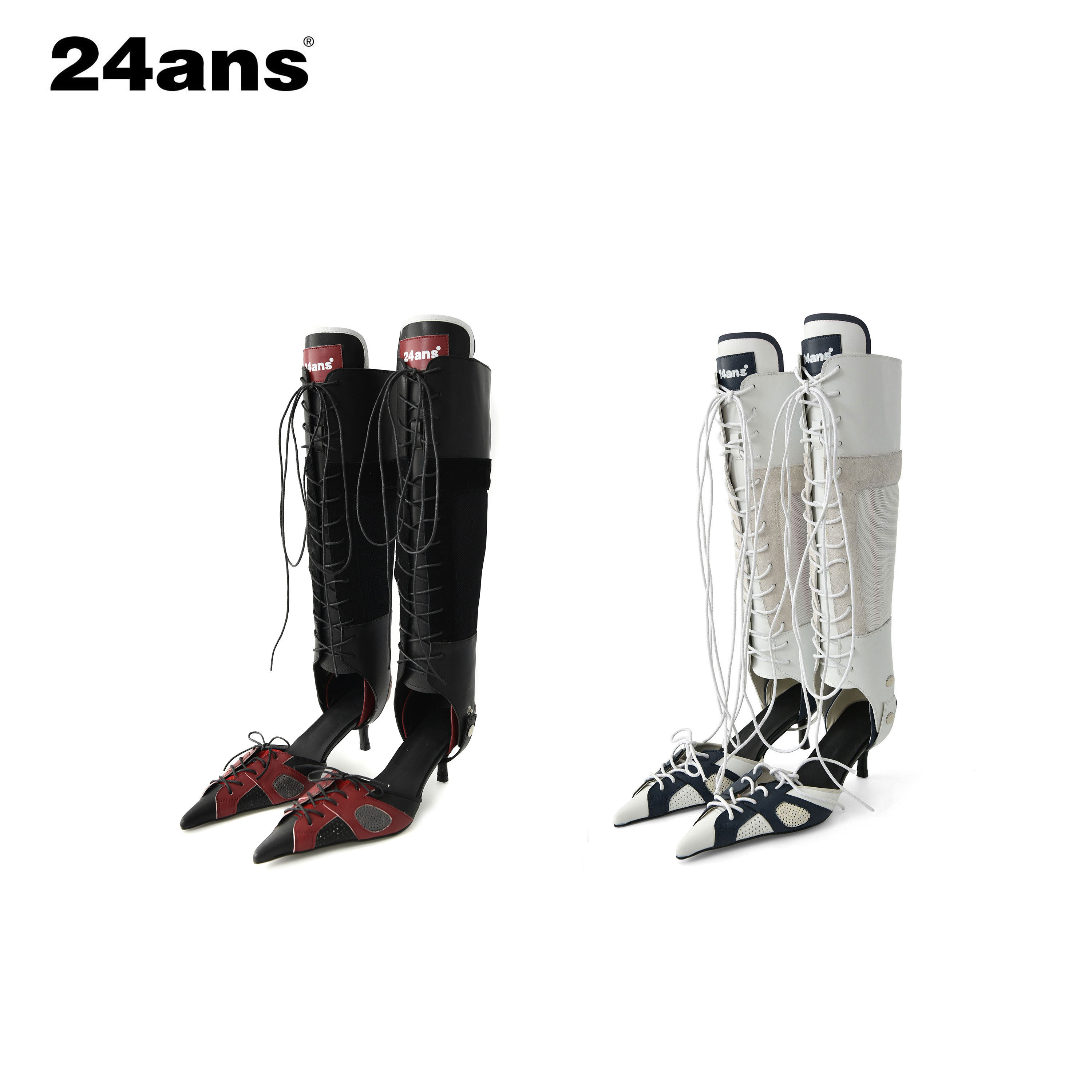 24ans removable strap boots | PU皮拼接可拆卸绑带高跟凉鞋靴子 - 实物图