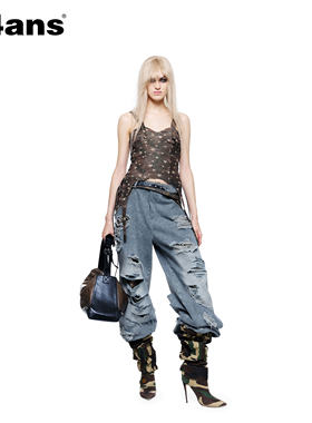 24ANS LTD 朋克grunge牛仔 ⑴磨白水洗⑵内层拼接衬布⑶手工破坏