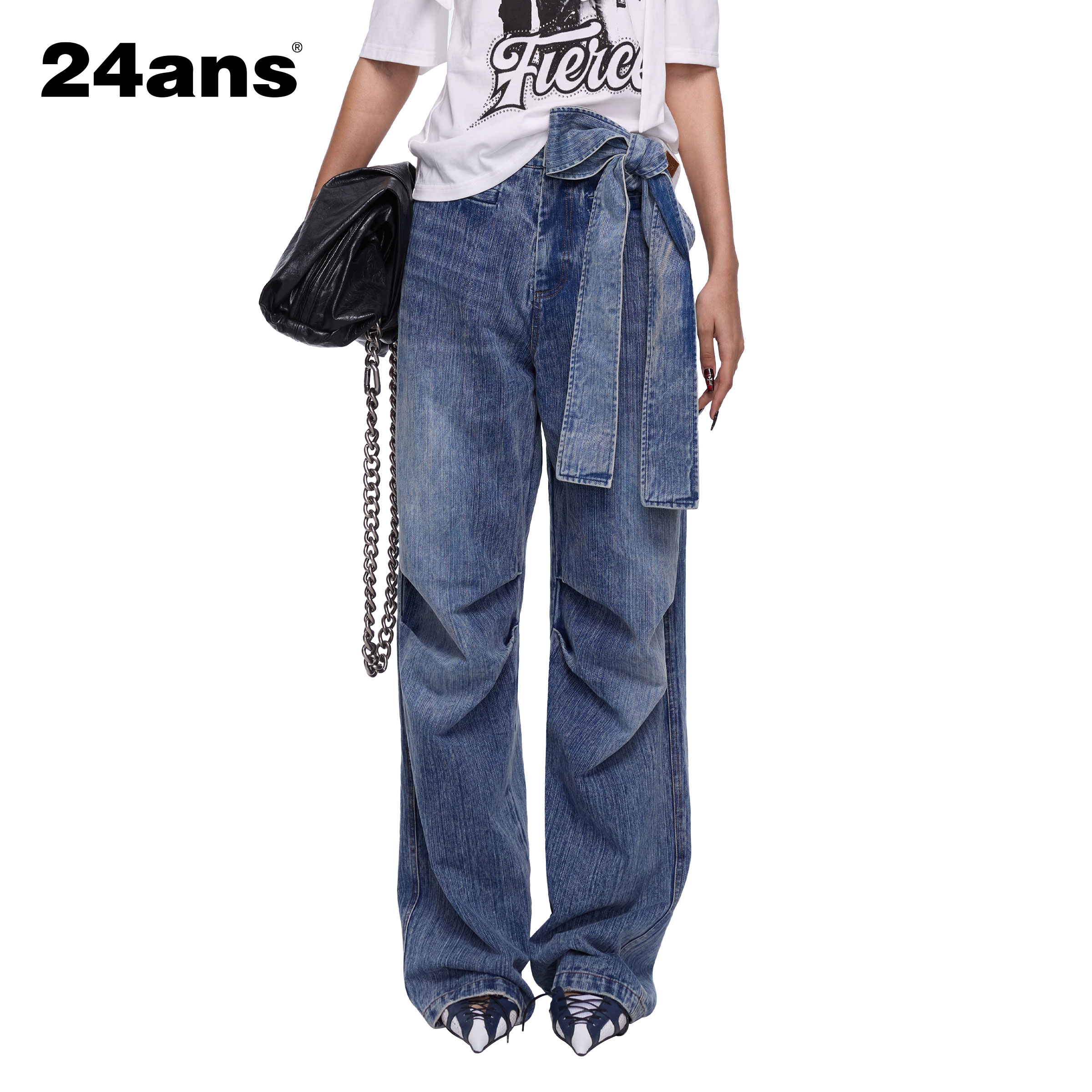 24ans strapped vintage jean丨可拆蝴蝶结腰带褶皱复古女牛仔裤