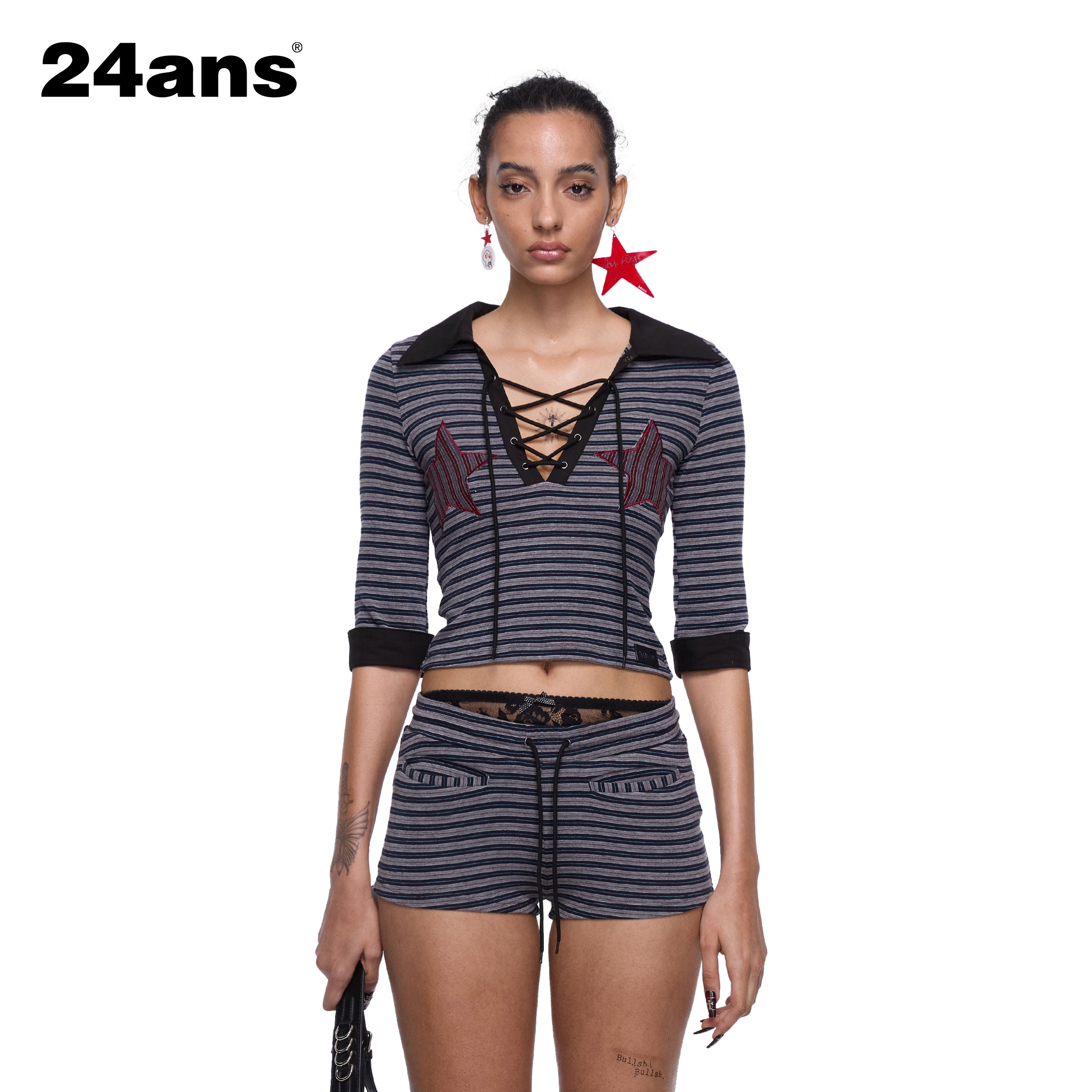 24ans star two-piece set丨两色星星贴布条纹上衣短裤套装两件套