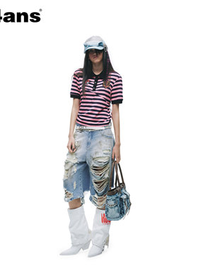 24ANS LTD 朋克grunge中裤 ⑴分体腰头⑵泥染套色做脏⑶手工破坏