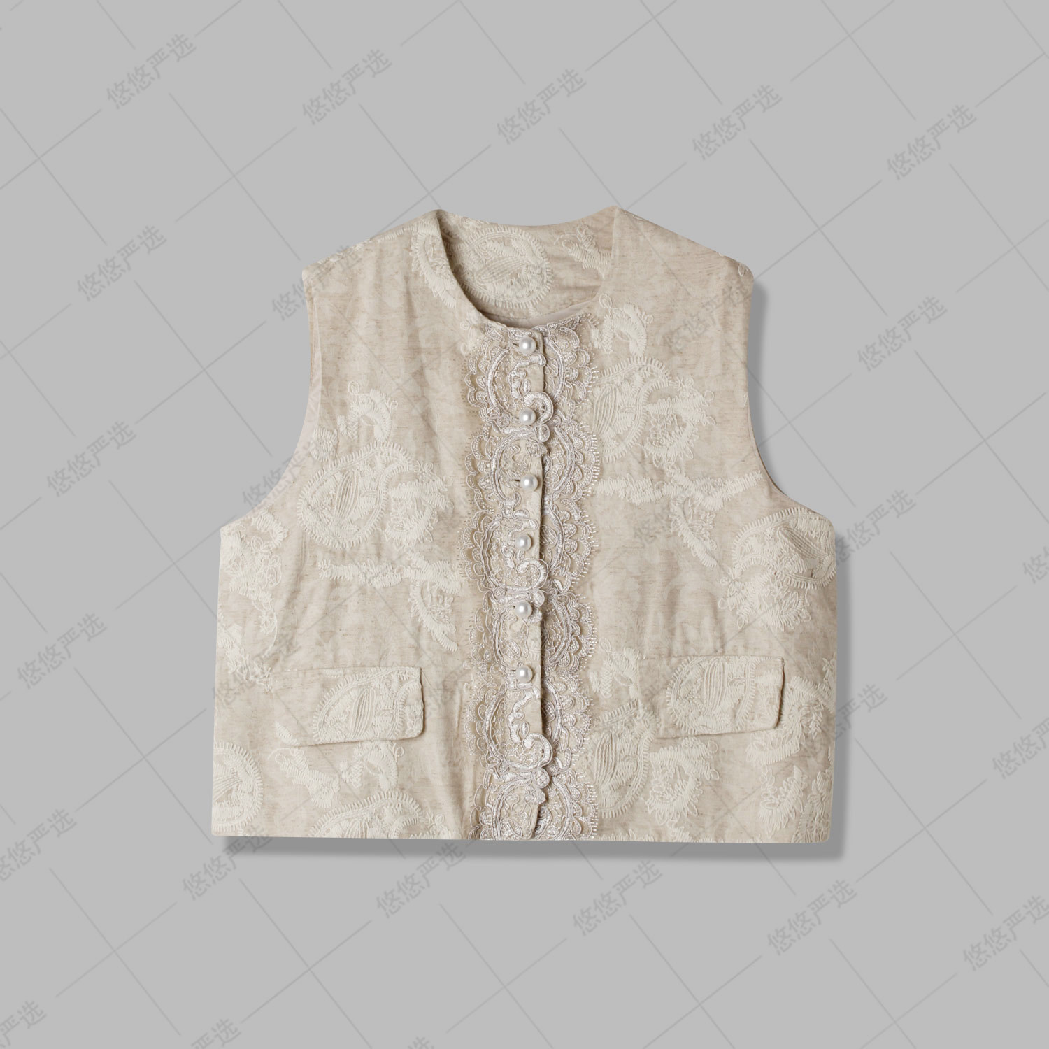 【鱼骨蕾丝 重工刺绣】春款圆领30亚麻蕾丝花边法式马夹 88269