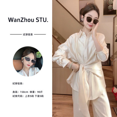 【金金宠粉】2025秋季女轻薄设计感系带衬衫上衣裤子套装Y0288