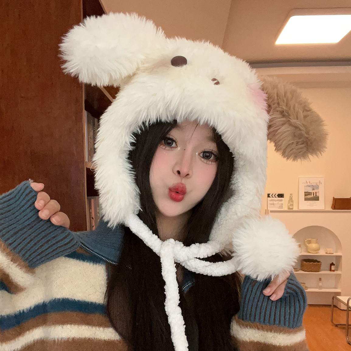2024秋冬新款卡通系列可爱毛绒绒帽系带小狗加厚保暖毛线帽子女帽