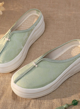 高跟包头布拖鞋女松糕厚底外穿中国民族风布鞋夏季汉服鞋居家室内