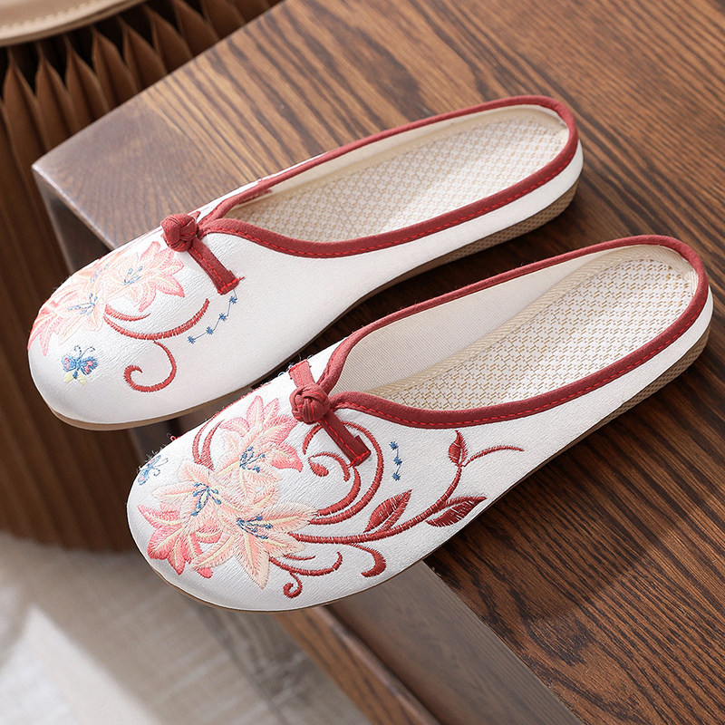 复古民族风布鞋夏季绣花拖鞋女包头平跟软底居家室内外穿牛筋底