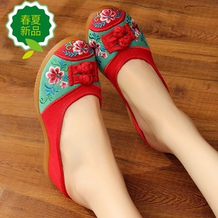 复古民族风夏季绣花布拖鞋女内增高跟包头坡跟凉拖居家牛筋底软底