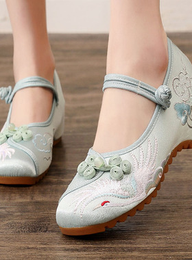 复古绣花内增高民族风北京布鞋中跟中国风缎面春秋单鞋绿色金色