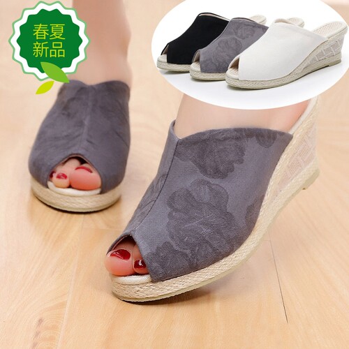 鱼嘴复古棉布拖鞋坡跟民族风高跟