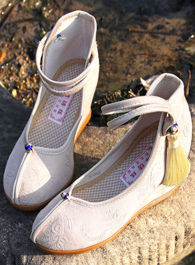 原创汉服鞋古风坡跟中国民族风高跟女绣花鞋复古旗袍布鞋内增单鞋