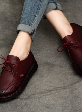 复古真皮女鞋牛皮新款不累脚中老年妈妈单鞋软底舒适系带大码4243