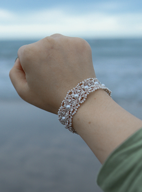 手工定制法式梭编蕾丝高定洛丽塔宽版小众编织简约手链