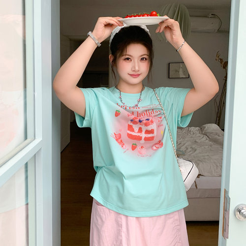 YUZI鱼子甜美卡通印花短袖T恤女