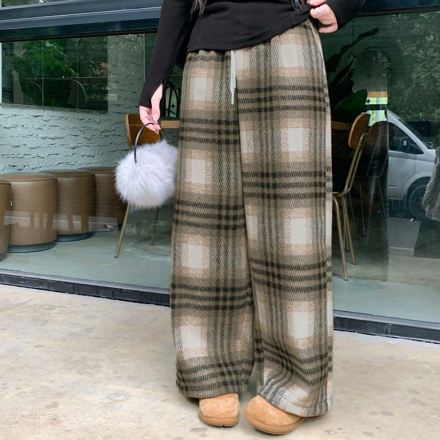 YUZI 鱼子复古格纹阔腿裤宽松180克毛呢秋冬休闲显瘦鱼子大码女装,女装/女士精品,大码裤装,淘宝优惠券,粉丝福利购,淘宝优惠卷