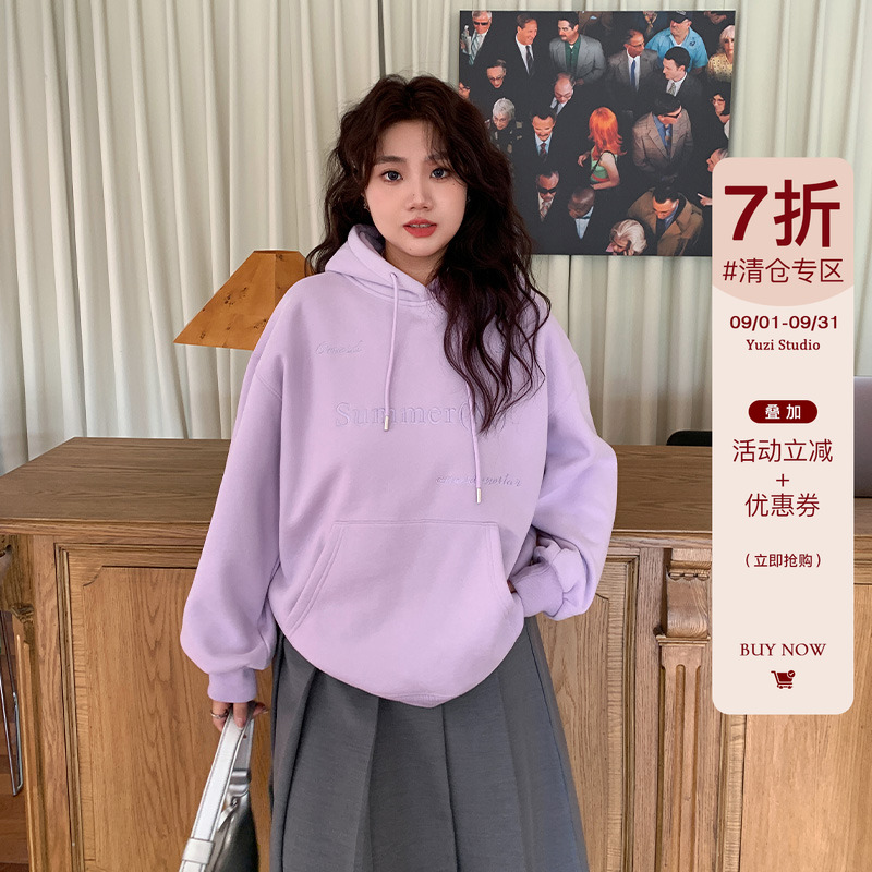 YUZI鱼子字母刺绣卫衣连帽加绒