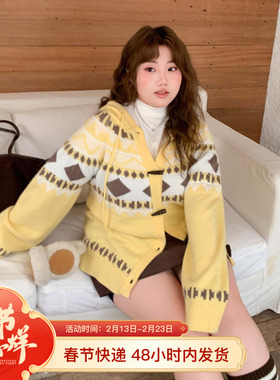 YUZI鱼子费尔岛连帽针织开衫女黄色复古毛宽松衣外套大码女装春季