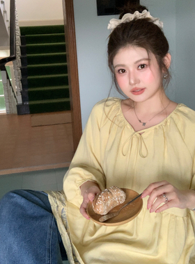 YUZI鱼子初恋感衬衫特大码女装七分灯笼袖法式娃娃衫奶黄温柔减龄