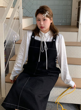 YUZI鱼子复古背带裙黑白明线微胖