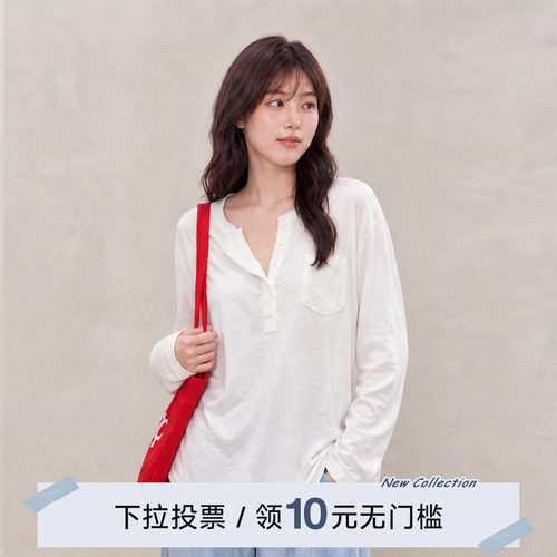 YUZI鱼子亨利领长袖T恤薄款大码