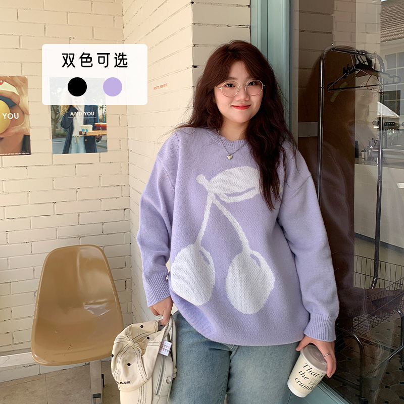 YUZI鱼子上衣圆领樱桃毛衣大码女装微胖mm显瘦遮肉200斤趣味减龄