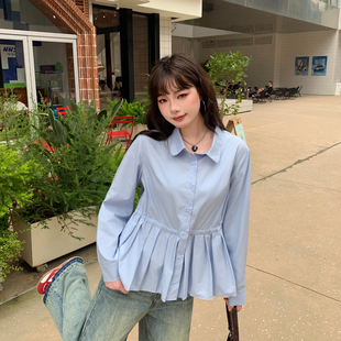 baby蓝百褶下摆娃娃领减龄显瘦胖mm 女装 YUZI鱼子天丝衬衫 特大码