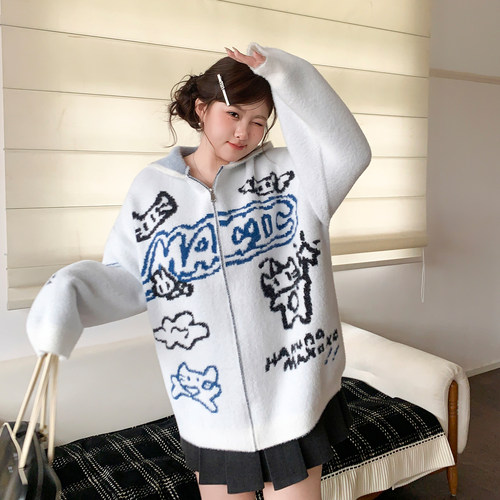 YUZI鱼子甜酷小猫提花连帽外套女